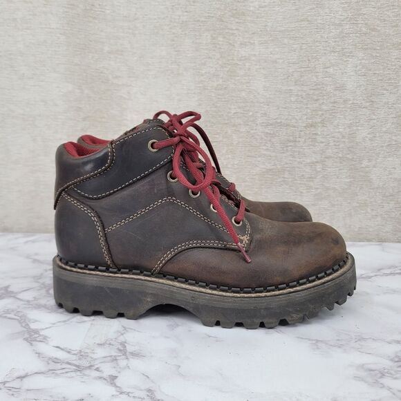 American Eagle Vintage Brown Leather  Boots with Deep Red Laces Chunky Lug Soles - Picture 1 of 12
